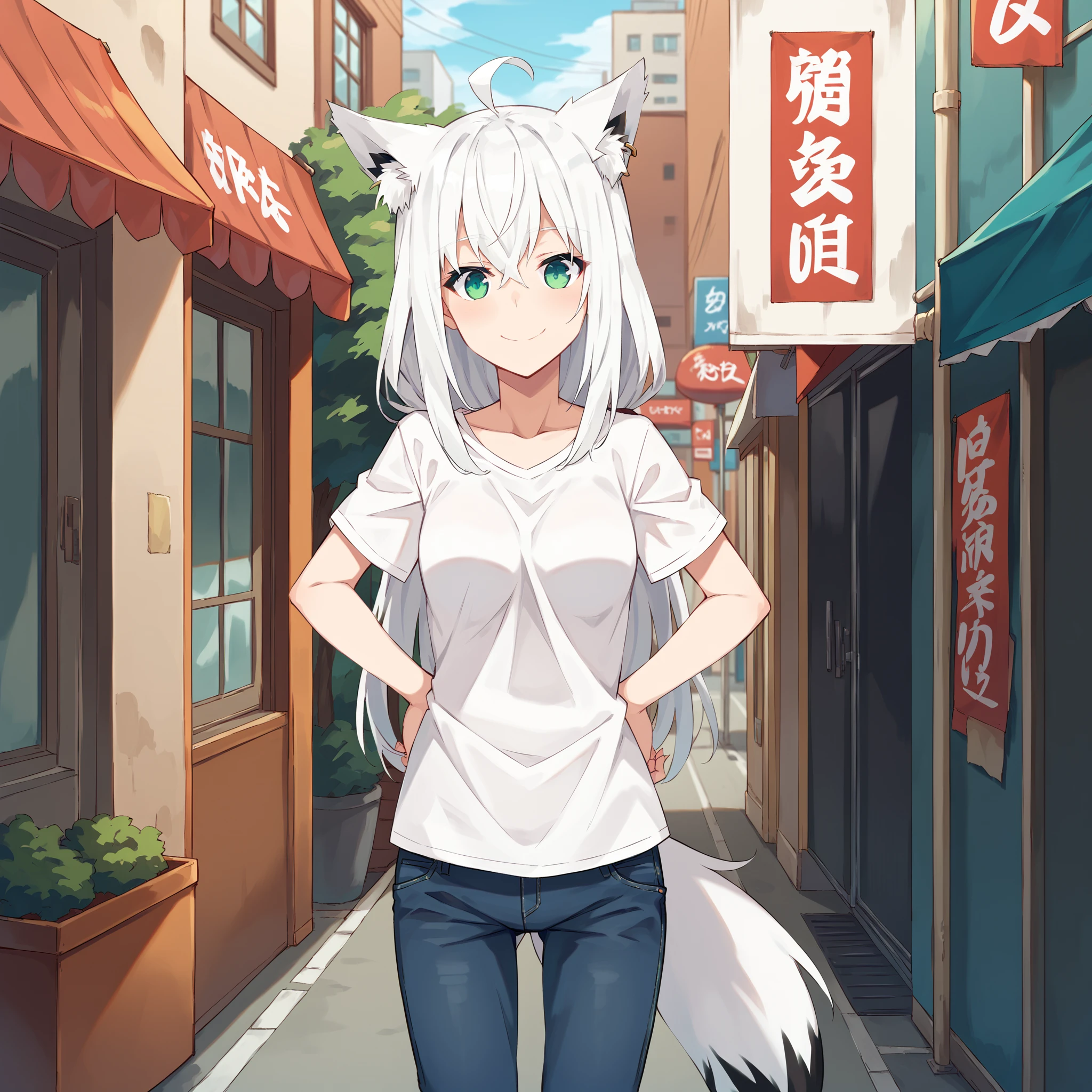 score_9, score_8_up, score_7_up, score_6_up, score_5_up, score_4_up, BREAK source_anime,POV,city,outdoor,smile,standing, <lora:Shirakami_Fubuki_V1:0.95>Shirakami_Fubuki, white hair, long hair, ahoge, animal ears, green eyes, , fox tail,white t-shirt,short sleeves,jeans,denim