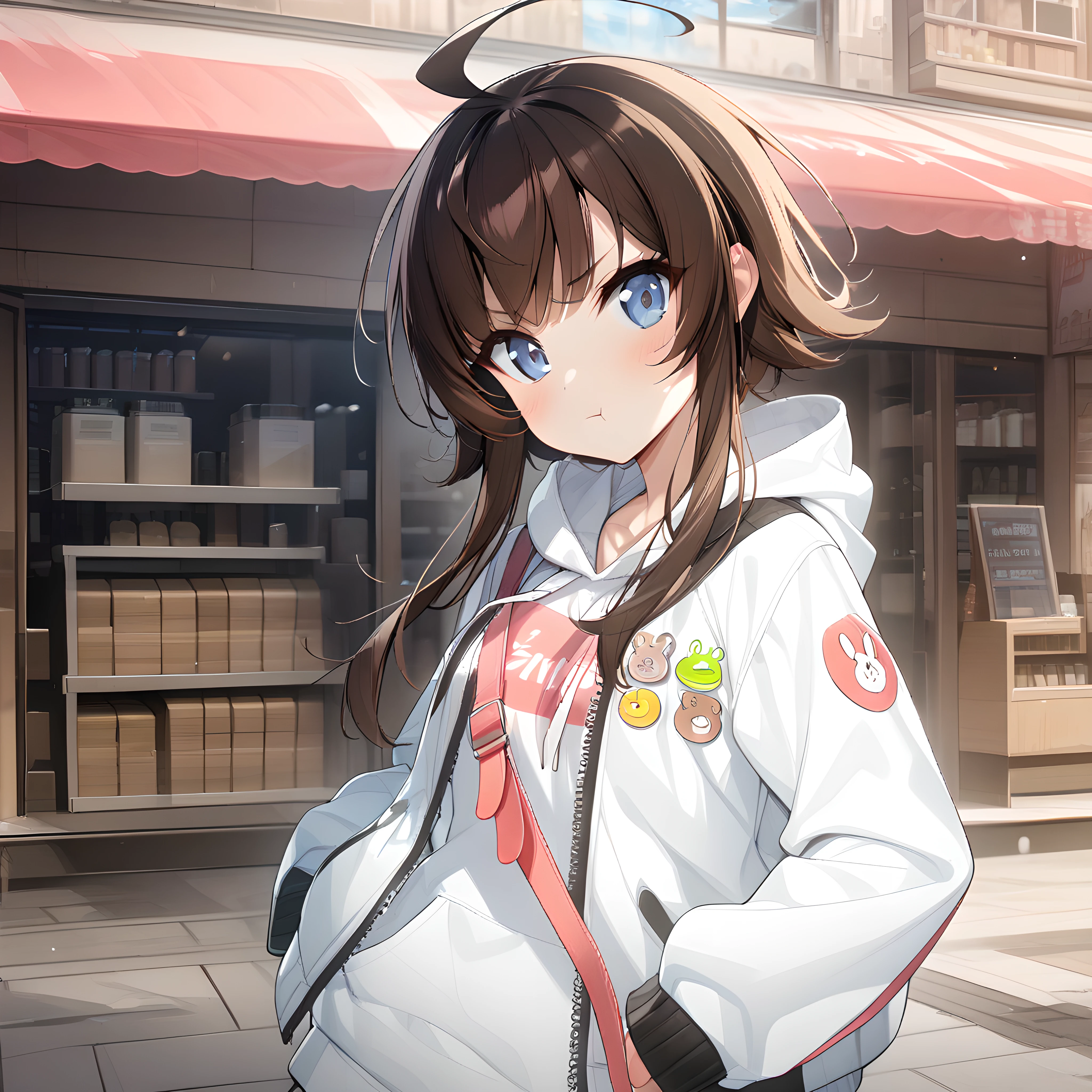 (masterpiece),(best quality),(ultra-detailed),(best illustration),(best shadow),(absurdres),(detailed background),(very aesthetic), yang harim, hood, solo, 1girl, hood down, blue eyes, ahoge, brown hair, white jacket, sleeves past wrists, jacket, white hoodie, long sleeves, market background, defaultoutfit, pout, looking at viewer, close-up, portrait, hands on waist, proud, hands inside jacket pocket, <lora:Yang_Harim:1>