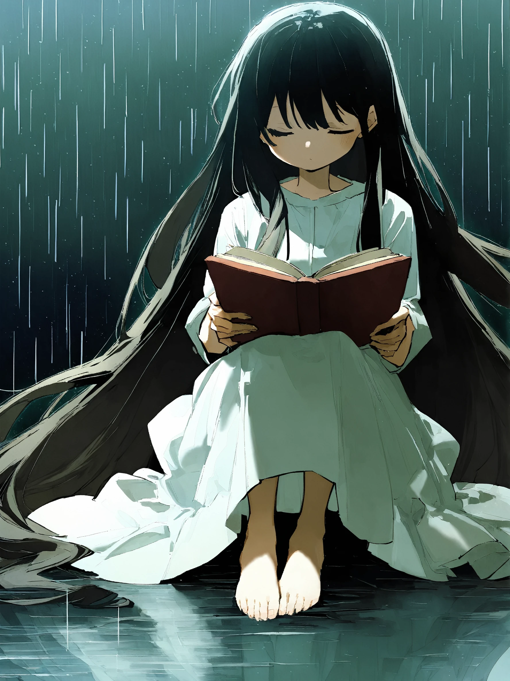<lora:mki-ani31-potg-v1-000050:1>,1girl,long hair,solo,book,barefoot,rain,dress,holding book,sitting,holding,very long hair,black hair,white dress,open book,reading,