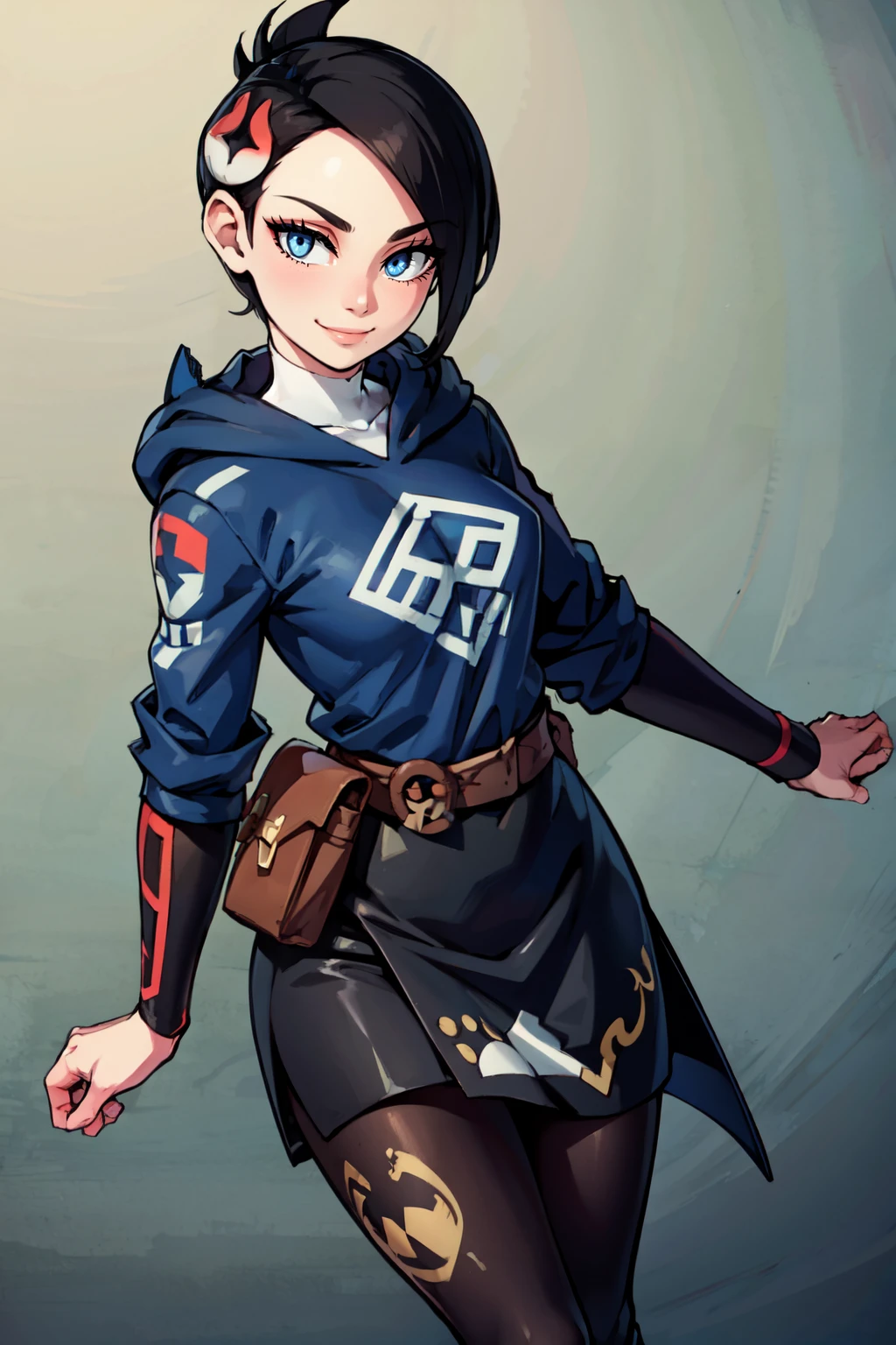 ((masterpiece,best quality)), absurdres, <lora:MaiPokemon_v1:0.7>, zzMai, black hair, blue eyes, short hair, eyelashes, black footwear, black skirt, boots, brown bag, character print, diamond clan outfit, hood, hood down, jacket, pantyhose, pouch, print pantyhose, skirt, long sleeves, solo, smile, looking at viewer, cowboy shot,