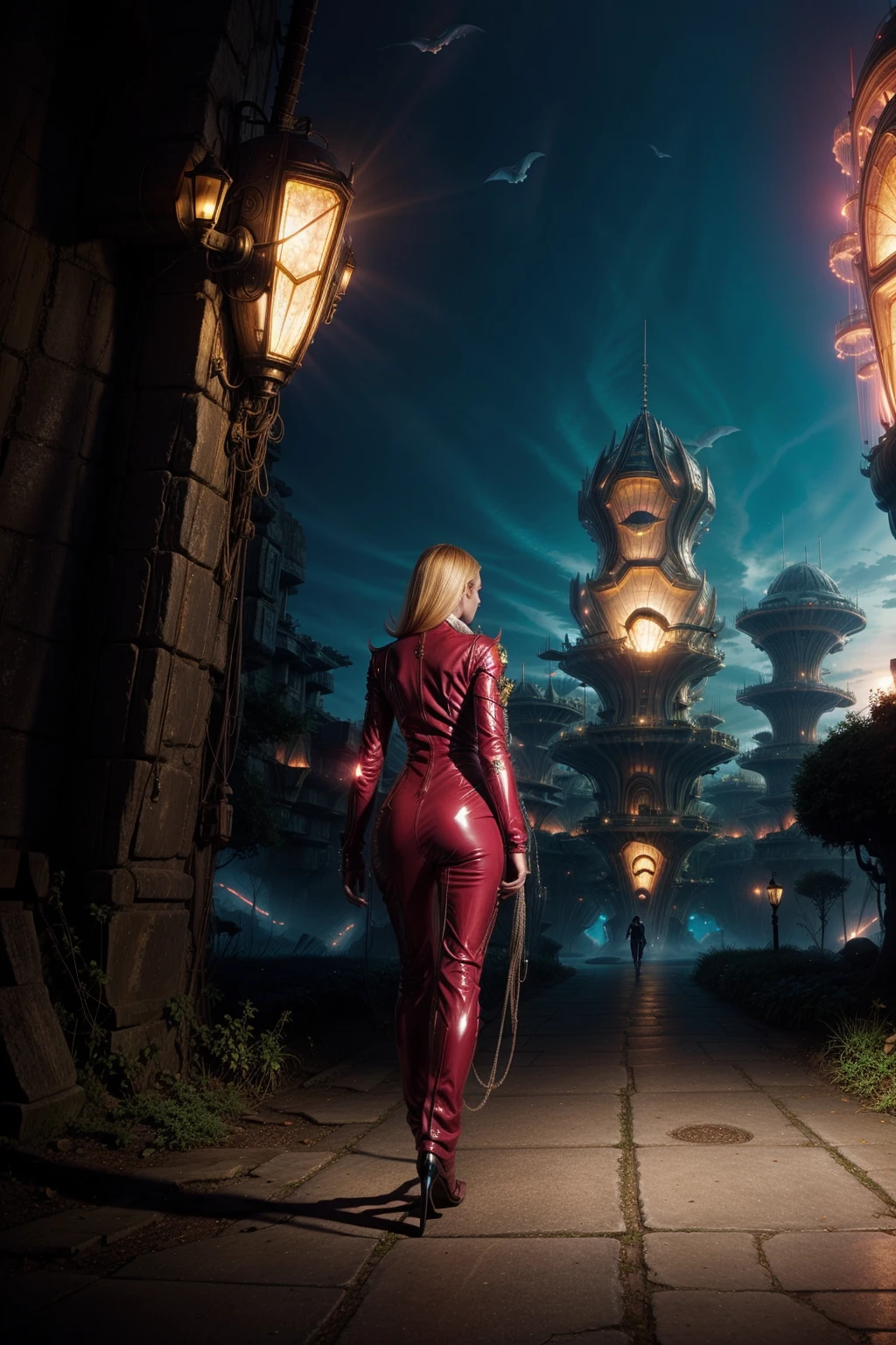 <lora:CerussiteWorld:1> (CerussiteWorld:0.9), 1woman sexy skinny in latex dress walking in a cyber city with ghosts