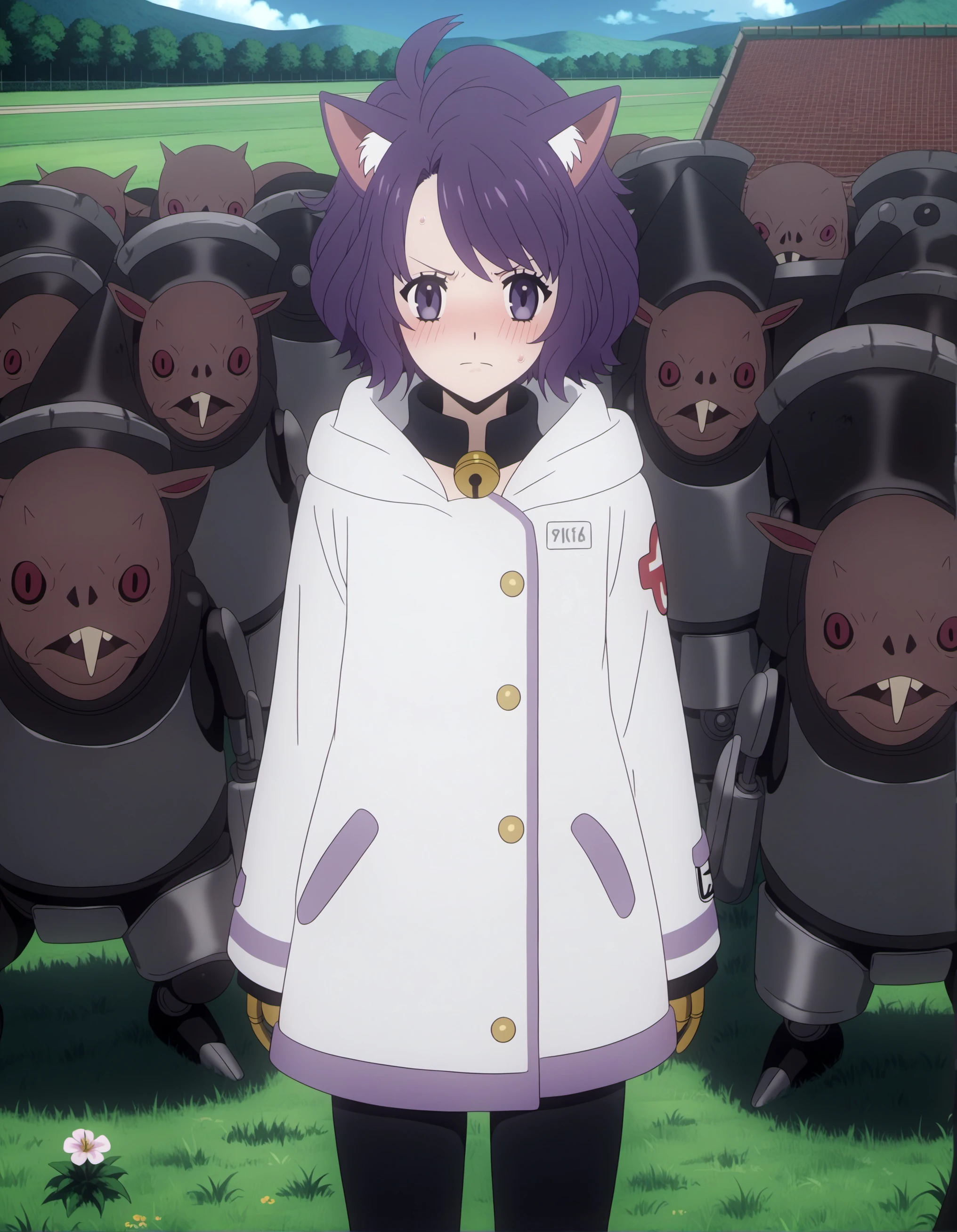 SHSZYZ, (score_9, score_8_up, score_7_up, score_6_up, source_anime:0.7), multiple rodent men, solo, 1girl, catgirl, purple eyes, embarrassed, flattop, bright purple hair, jacket, pokemon \(creature\), battle axe, outdoors, bionic street doc clinic, cybernetic surgeries, biomechanical enhancements, black-market medical procedures, (white animal ear fluff:0.6)