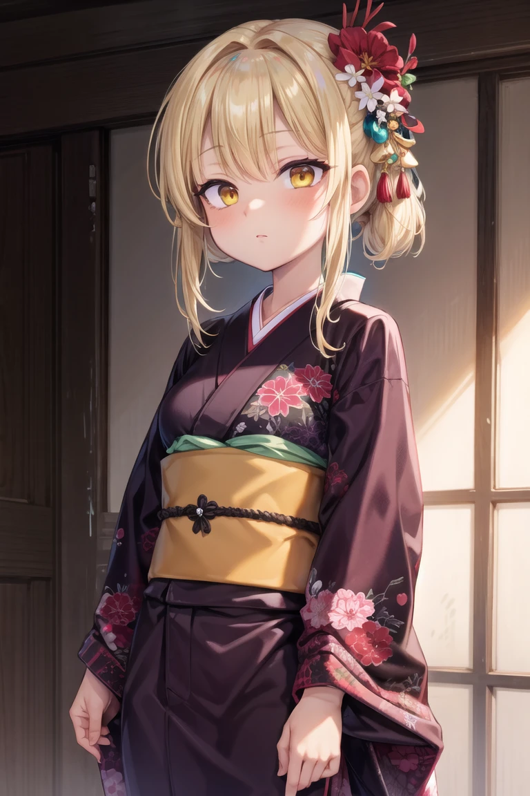 (best quality, masterpiece, RAW photo,ultra-detailed:1.2), 1girl, solo,
kimono, hair ornament, yellow eyes, blonde hair,
<lora:toraishi:0.7:lbw=ALL>