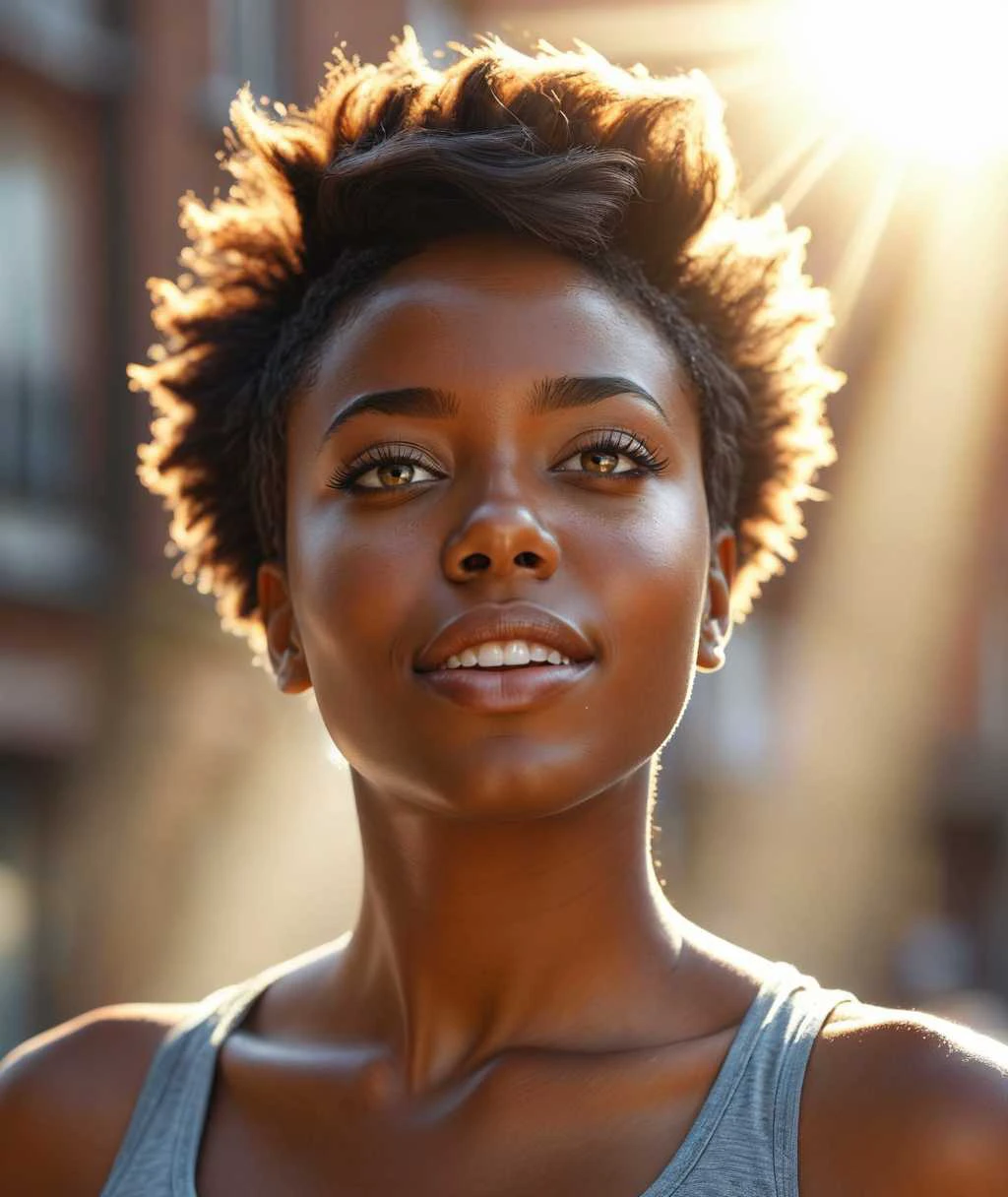 photo of an onebeautiful black girl, short hair, rays, sun, day, dynamic atmosphere, dynamics, ultra realism, focus, (closeup:0.6)