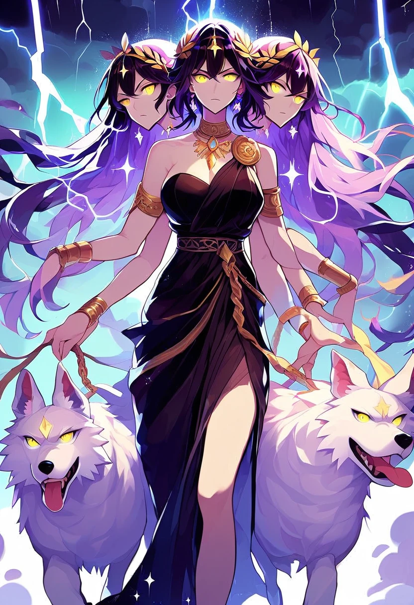 score_9, score_8_up, score_7_up, Hecate, Greek goddess, three heads, formal  dark robes, (yellow eyes), purple hair, wolf companions, lightning storm, ethereal, glowing, glitter