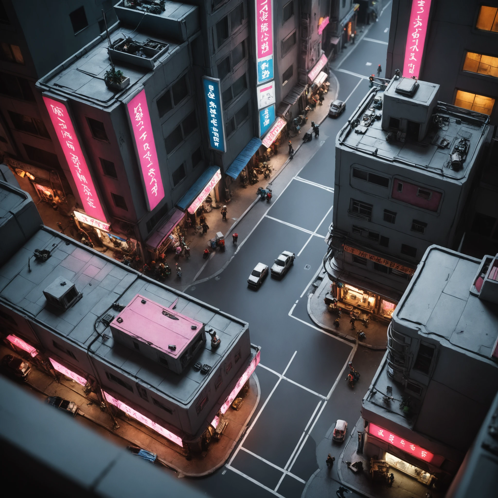 photo, miniatur of a cyberpunk city street, from above