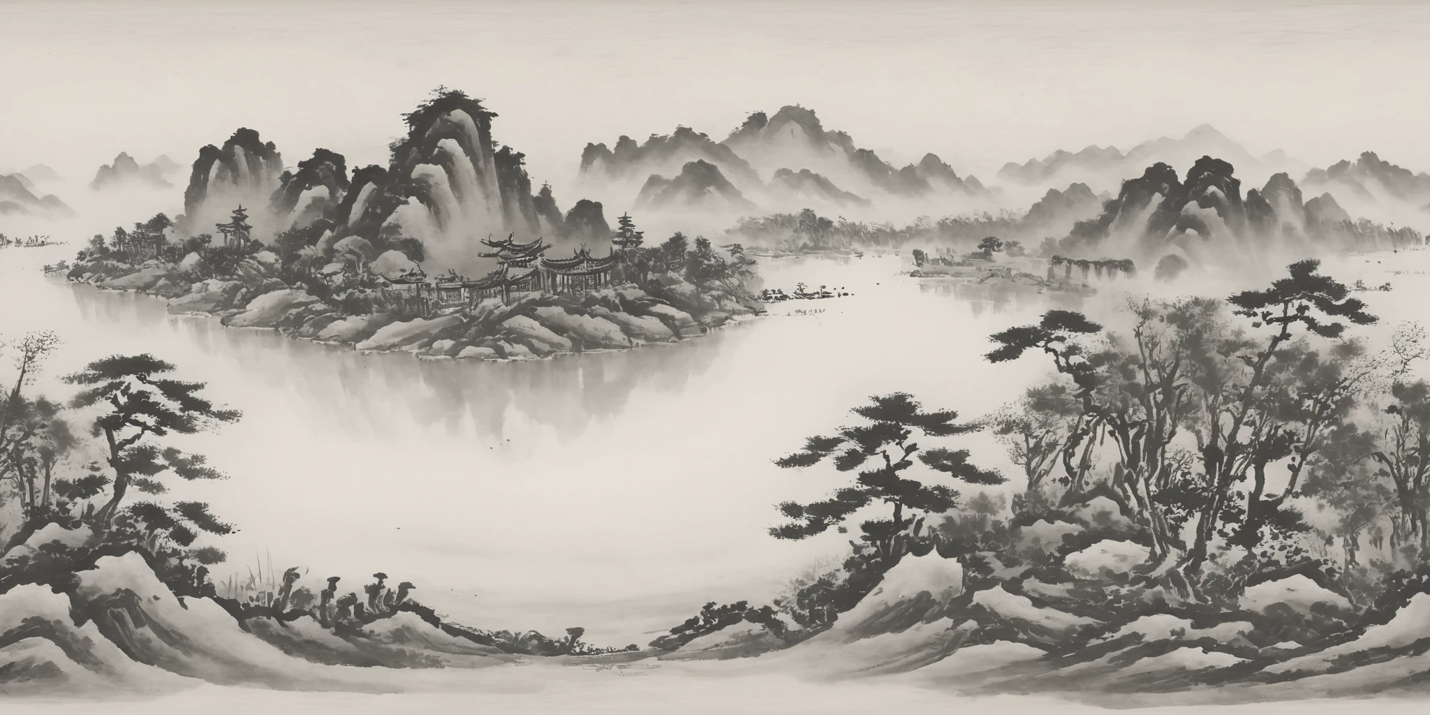 360panorama,<lora:å±±æ°´-000001:1.2>,(sphere panorama:1.5),<lora:HMSG360å¨æ¯XL-V1.0:0.8>,Chinese landscape,ink wash painting,monochrome,spherical panorama,white margins top and bottom,tranquil traditional scenery,serene mountains and rivers,classical pavilions,misty atmosphere,ink on rice paper effect,digital ink,subtle ink gradations,ultra-high resolution,pure natural beauty,ancient charm,360-degree panoramic view,harmonious natural elements,without modern elements,