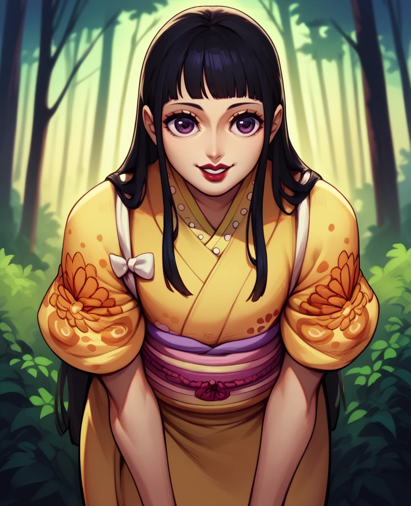 score_9,score_8_up,score_7_up,score_6_up,kikunojoxl,black hair,bangs,kimono,forest,long hair,lipstick,short sleeves,purple eyes,happy,
evening,cowboy shot,standing,leaning forward,
<lora:kikunojoxl:1>,