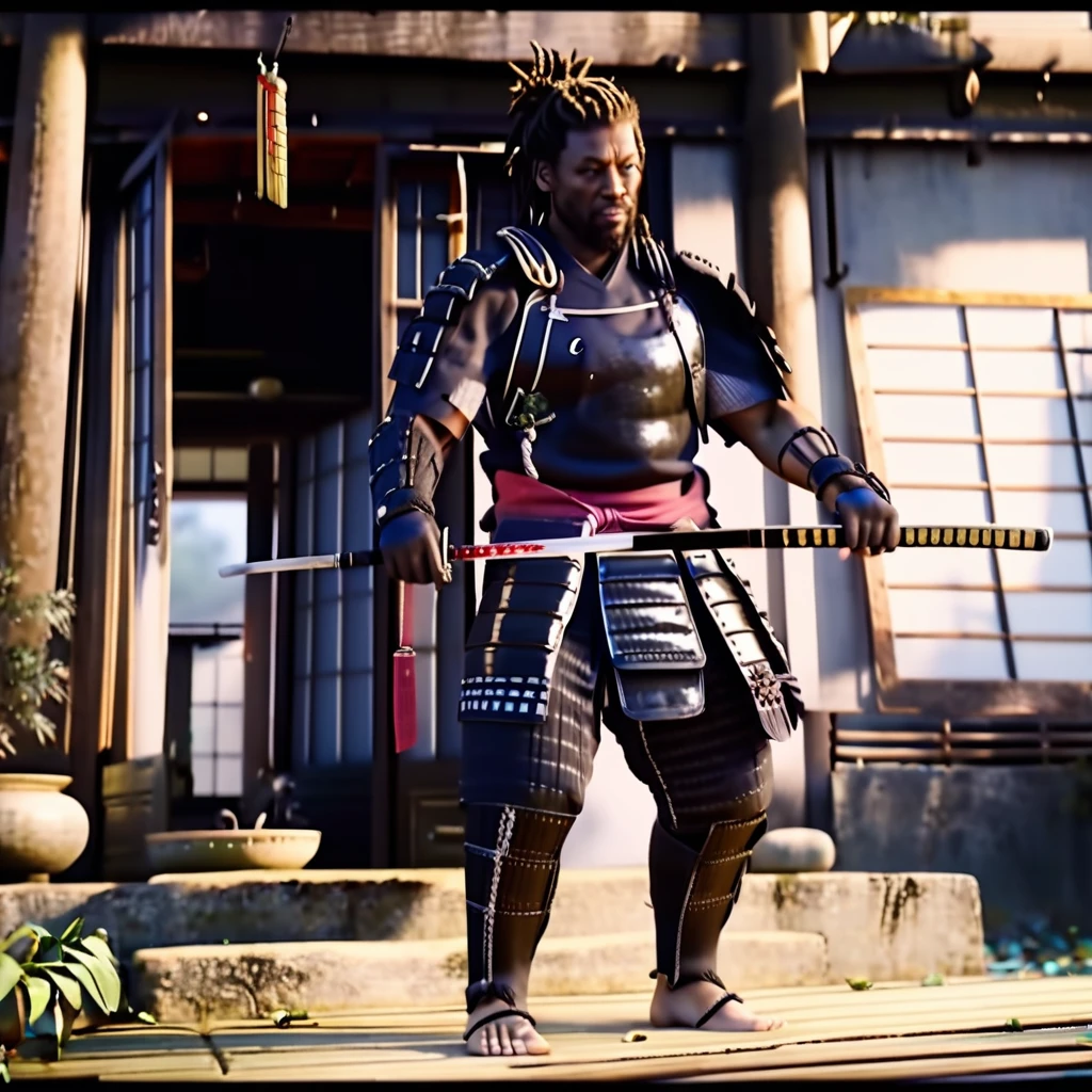 ,  <lora:acstyl_shadowcreedXL:0.9> acstyl style, hyper realistic video game <lora:riiahworldxl:0.8> rhwrld, dreads in a bun, black man, wearing samurai armor, standing on a teshu building, holding a katana