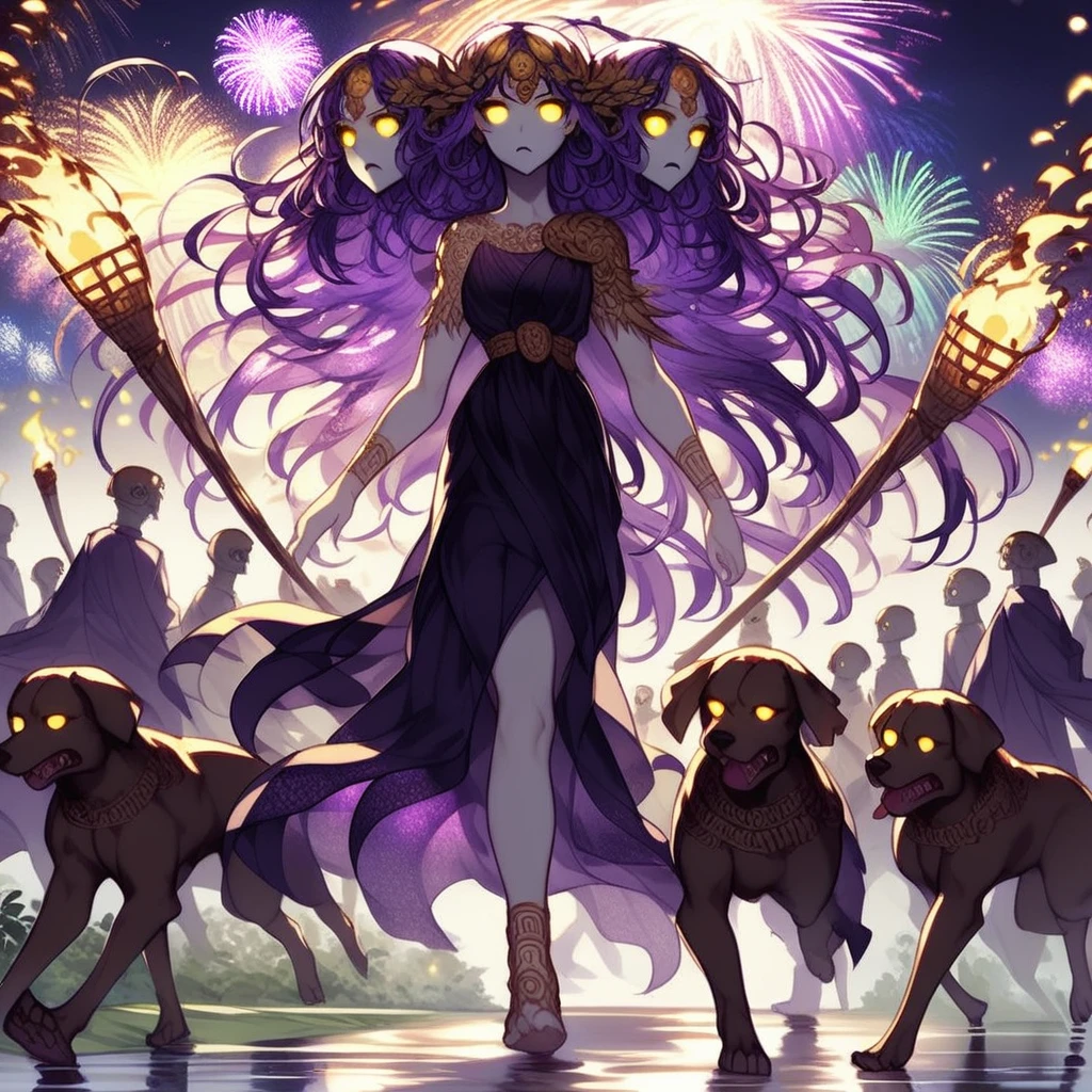 score_9, score_8_up, score_7_up, Hecate, greek goddess with three heads attached to one body, purple hair, yellow eyes, wearing dark formal robes, torches, walking aggressive dog companions, army of undead souls following behind her, fireworks, ethereal, glowing, high quality smooth anime