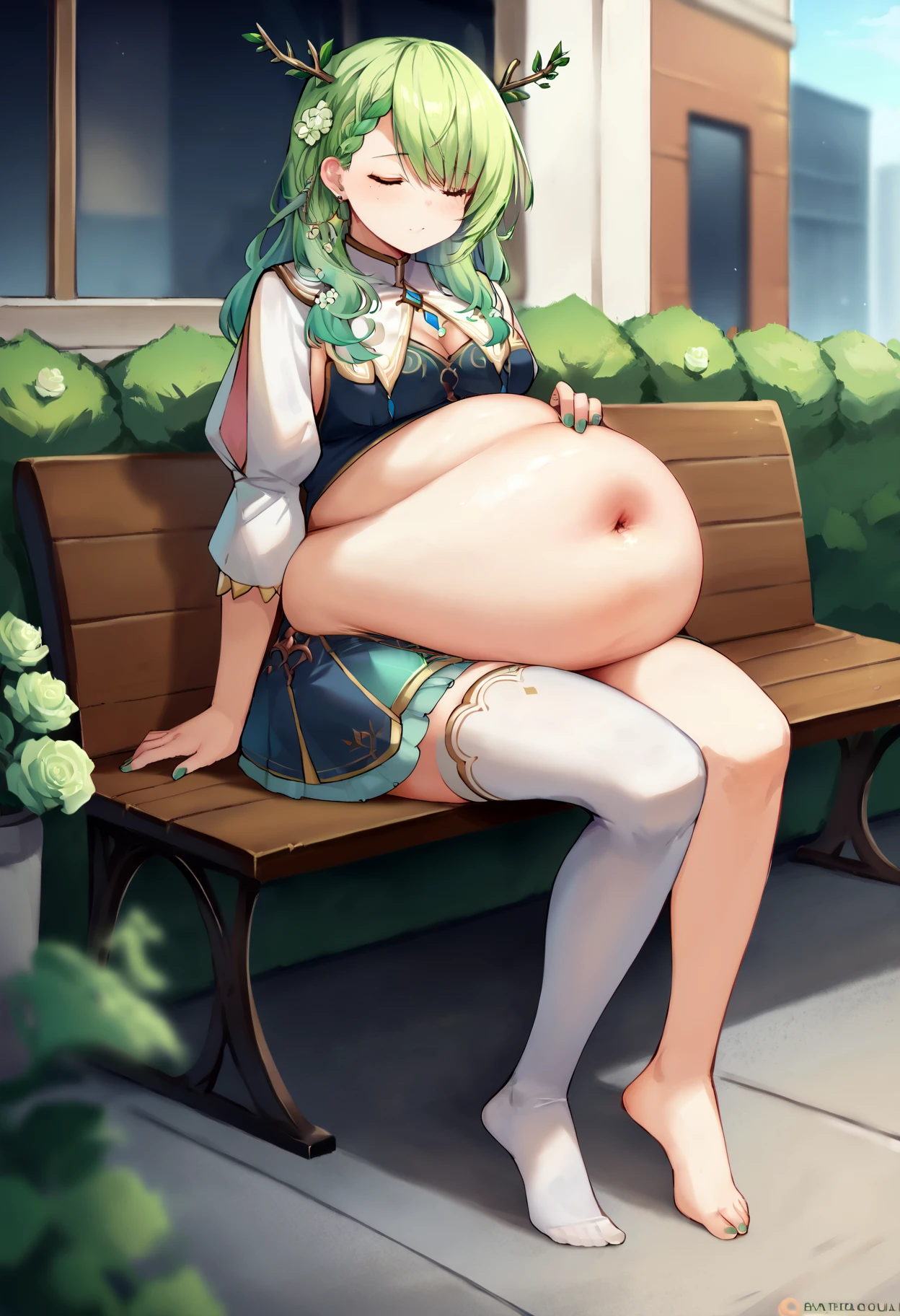 score_9, score_8_up, score_7_up, uncensored, source_anime, 1girl, <lora:spsaggyBellyXLPony-000010:1> saggy belly, big belly,  <lora:faunaXL:1> fauna_base, long hair, antlers, braided bangs, two-tone dress, jewelry, white thighhighs, single thighhigh, green nails, green rose, mole under eye, sitting, hand on stomach, eyes closed, bench, sitting on bench, street, buildings