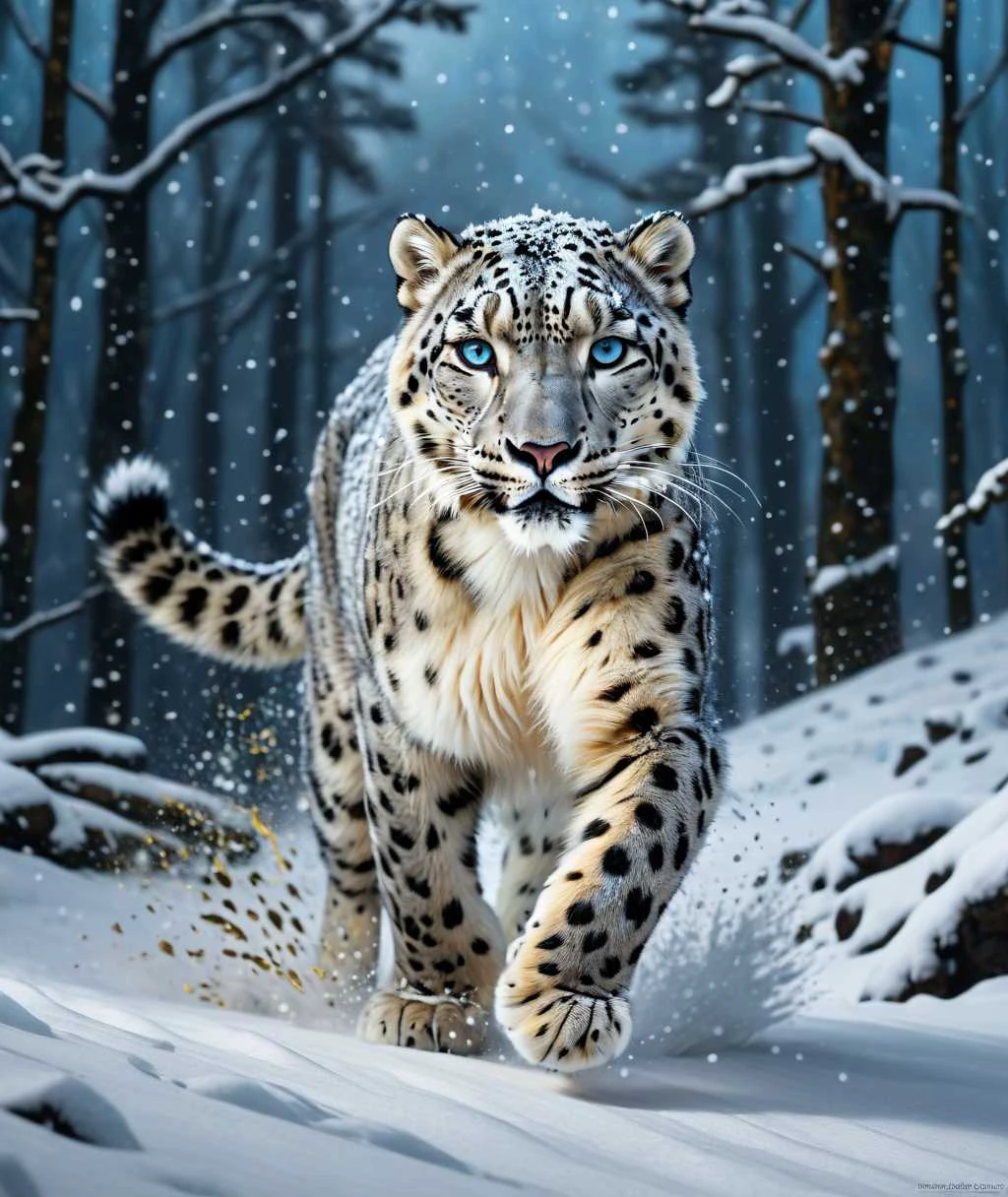 <(Beautiful Matte Painting of a snow leopard running in the snow, night time, light blue eyes, dark background, insanely detailed, snow-covered forest, snowing, rough paint strokes, rough texture, small gold paint strokes abstract, detailed matte painting):1.0>,
<(detailed matte painting, deep color, fantastical, intricate detail, splash screen, complementary colors, fantasy concept art, 8k resolution trending on Artstation Unreal Engine 5):0.9>