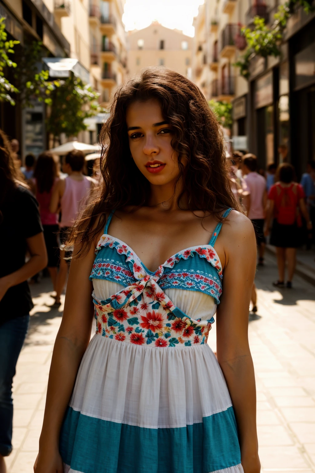<lora:IdoiaDurante:0.8>, full color portrait of a young woman, wearing a summer dress, in a crowded madrid street, natural light, RAW photo, subject, 8k uhd, dslr, soft lighting, high quality, film grain, Nikon D850