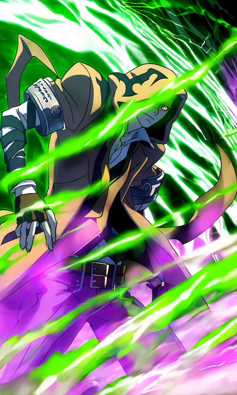 anime artwork illustrating Terumi_BB, solo, gloves, 1boy, green hair, yellow eyes, male focus, necktie, belt, hood, fingerless gloves, chain, armband, high quality, hd, 4k, masterpiece, wallpaper,highress,detailed,green energy,(detailed eyes). created by japanese anime studio. highly emotional. best quality, high resolution