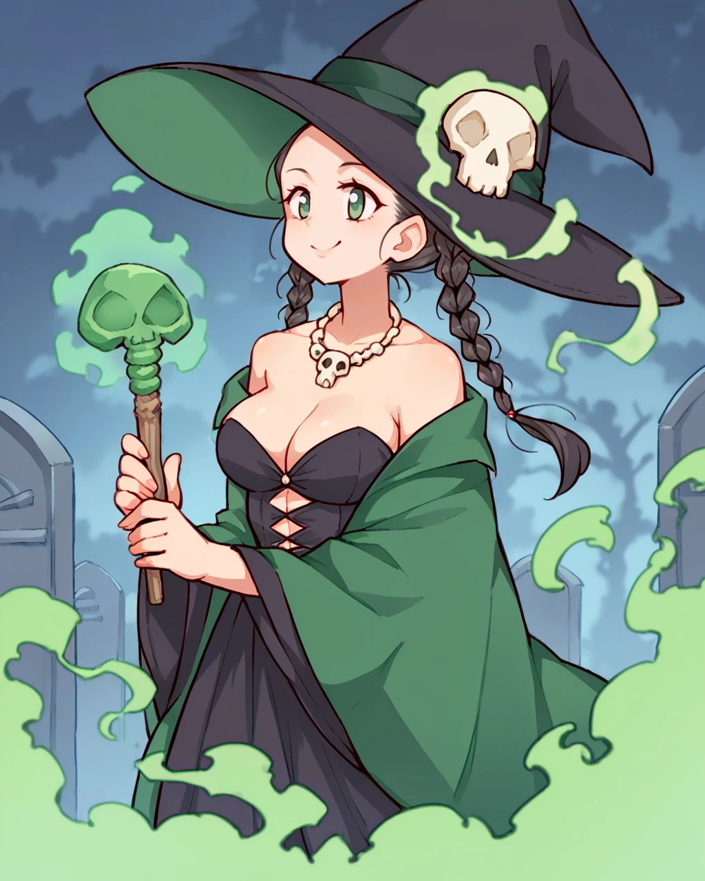 score_9, score_8_up, score_7_up, source_anime, solo, 1girl, large breasts, beautiful face, black braids, cemetery , witch hat , neon green eyes , smiling , green cloak , dark light , green smoke , holding magic sceptre , skull necklace , green magic, lasto, <lora:lasto_PDXL-000001:1.2>