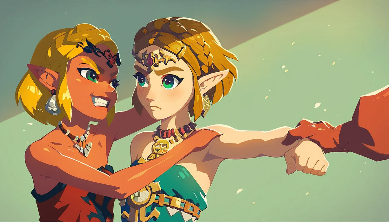 1girl like totkzelda,in zonai dress with bare shoulders, score_9, score_8_up, score_7_up, short hair,flat chest, <lora:pony_totkz-000040:0.65>, punching the cute red devil in the face