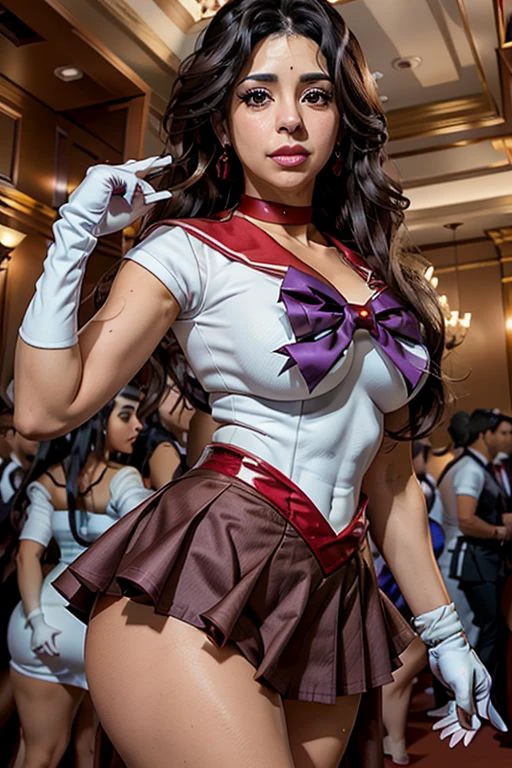 (masterpiece), best quality, expressive eyes, perfect face, dark brown eyes, The 37-year-old Hispanic female Thick Tsundere Medical Professional,  aamars, long hair, black hair, tiara, earrings, red choker, red sailor collar, purple bowtie, white shirt, elbow gloves, white gloves, pleated skirt, red skirt, bare legs, at a large scale cosplay event, slight smile, sama1, tiara, sailor senshi uniform, white gloves, red sailor collar, red skirt