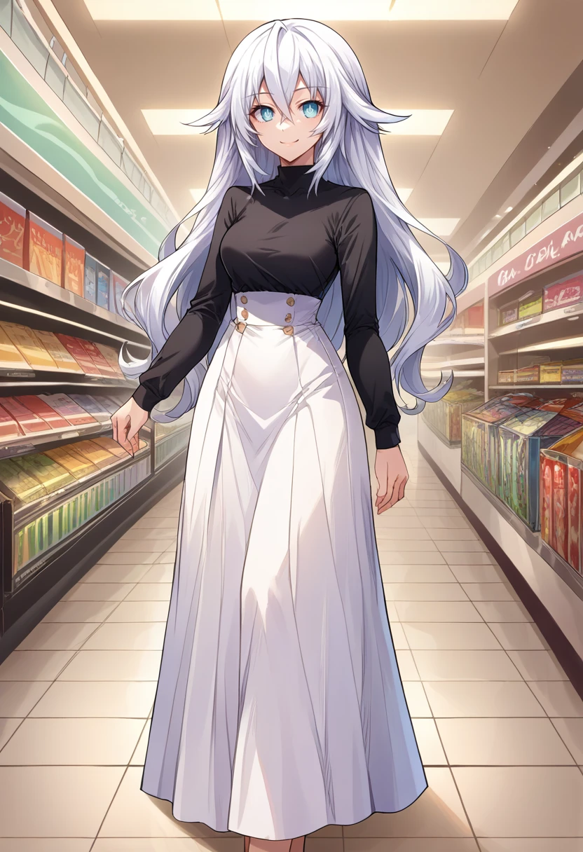 score_9, score_8_up, source_anime, 1girl, solo, KoboKanaeru, blue eyes, long hair, blue hair, colored tips, white hair, high-waist skirt, long skirt, white skirt, black shirt, long sleeves, , standing, indoors, shopping mall, (bound with an excessive amount of ropes), (bound wirsts), (arms behind back), (tapegag, tape gag), dramatic,  (looking at viewer), (detailed pupils:1.3)