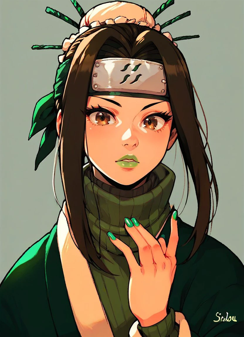 score_9, score_8_up, score_7_up,green turtleneck, (hair intakes),green japanese clothes,hair bun,sidebangs,long bangs, eyelashes,brown eyes,green polished nails,headband,forehead protection, haku, brown hair, sidelocks,<lora:sinfully_stylish_PONY_0.2:0.51>, <lora:The_Pulp_Session:0.51> <lora:incase_v14:0.7>, <lora:白_Haku_Хаку:0.7>