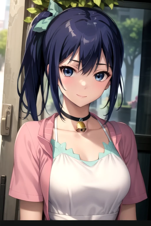 ((masterpiece)),(best quality),official art,extremely delicate and beautiful,extremely detailed CG,unity 8k wallpaper,ultra detailed,beautiful detailed eyes,extremely detailed face,outdoors,1girl,solo,upper body,(portrait:1.5),looking at viewer,facing viewer,smile,Takasaki Miho,long hair,blue hair,side ponytail,hair ribbon,hair bow,aqua bow,sidelocks,hair between eyes,bangs,blue eyes,collarbone,choker,jewelry,bell,cropped jacket,pink jacket,short sleeves,medium breasts,camisole,white shirt,denim shorts,shorts rolled up,white socks,high heel boots,<lora:Takasaki Miho(oin)-Remake>,