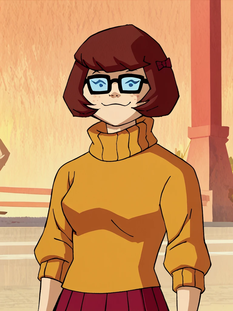 <lora:VelmaMysteryIPony1.0:1> velmad, 1girl, short hair, black eyes, orange turtleneck, black-framed eyewear, brown hair, solo, hair bow, red skirt,,freckles,upper body, score_9, score_8_up, score_7_up, score_6_up, score_5_up, score_4_up, smile, looking at viewer,