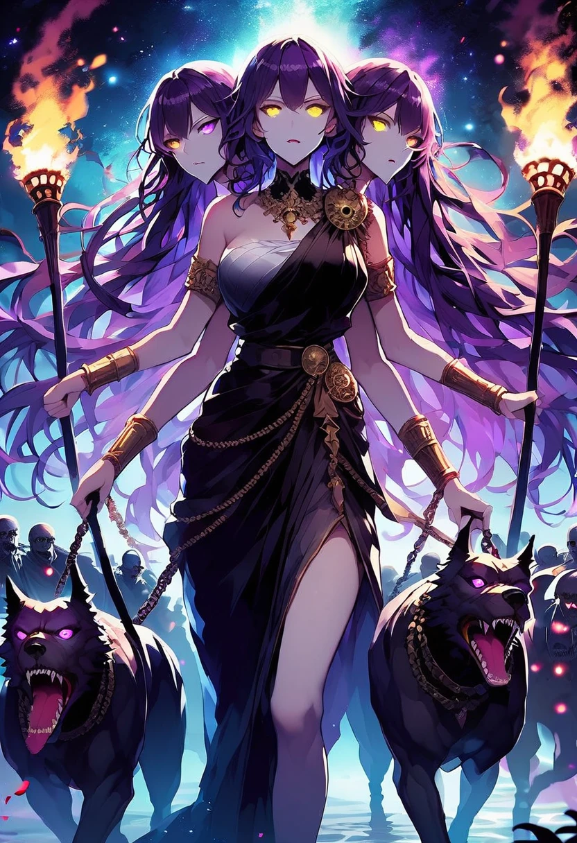 score_9, score_8_up, score_7_up, Hecate, Greek goddess, three heads, formal  dark robes, (yellow eyes), purple hair, undead army, wolf companions, fiery background, ethereal