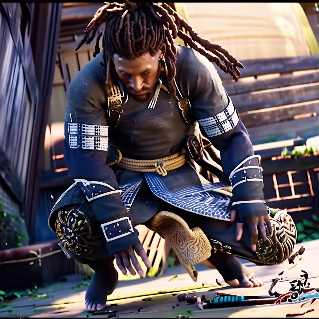 ,  <lora:acstyl_shadowcreedXL:0.9> acstyl style, hyper realistic video game <lora:riiahworldxl:0.8> rhwrld, dreads in a bun, black man, wearing samurai armor, stansing on a teshu building