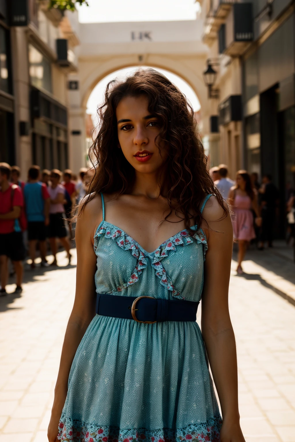 <lora:IdoiaDurante:0.8>, full color portrait of a young woman, wearing a summer dress, in a crowded madrid street, natural light, RAW photo, subject, 8k uhd, dslr, soft lighting, high quality, film grain, Nikon D850