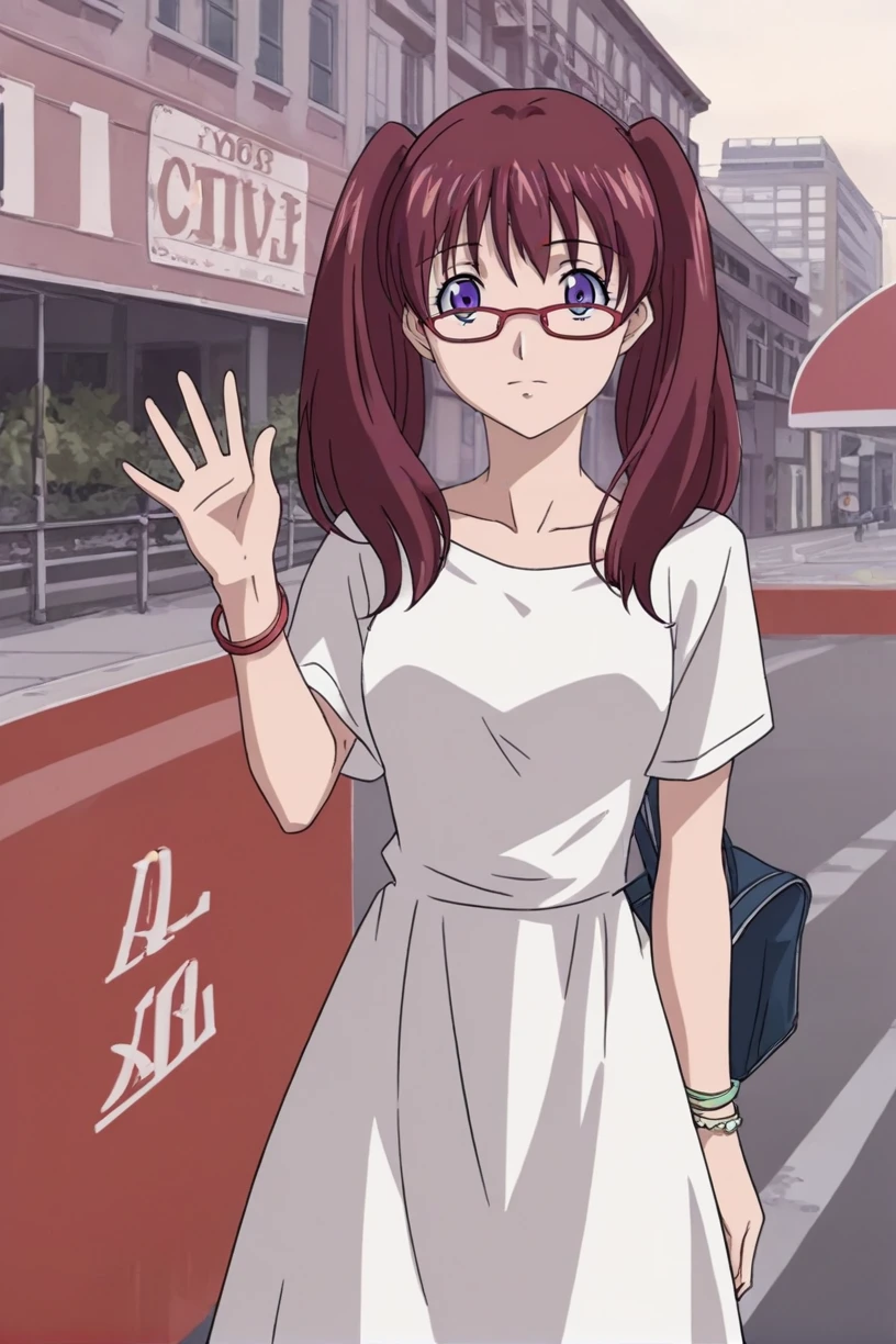 best quality,masterpiece,looking at viewer,absurdres,1girl,score_9,score_8_up,score_7_up,source_anime BREAK <lora:010-é£è½®å°å¹´-é山鿿ªXLV1:0.8>,noyamano ringo,red hair,purple eyes,glasses,long hair,twintails,red-framed eyewear,dress,white dress,casual dresses,bracelet,amusement_park,outdoors,toll gate,stand,say hello,leaning_forward,arms_up,waving,(ferris wheel:0.8),,