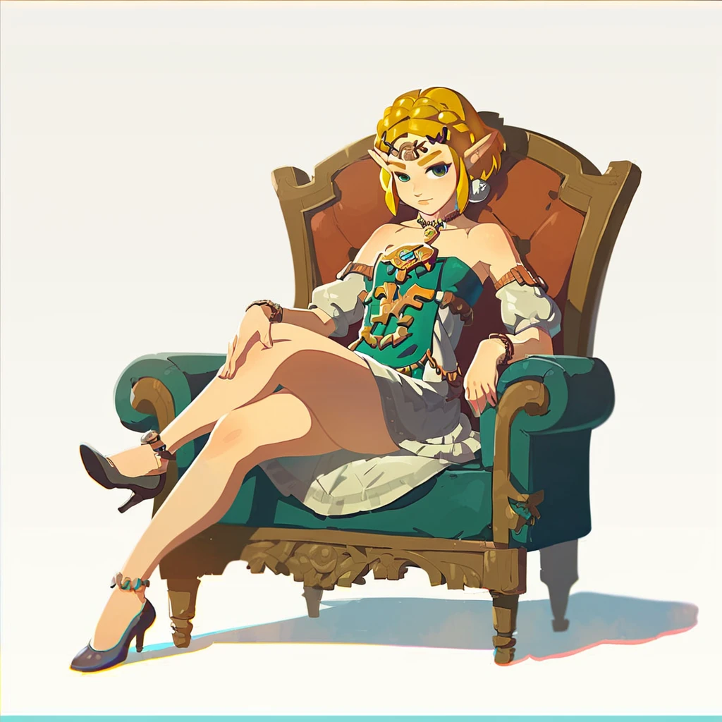 1girl like totkzelda,in zonai dress with bare shoulders, score_9, score_8_up, score_7_up, short hair,flat chest, <lora:pony_totkz-000040:0.9>, sitting on an armchair, wearing high heels and blouse, anime style, white background, full body shot, digital art, Artstation