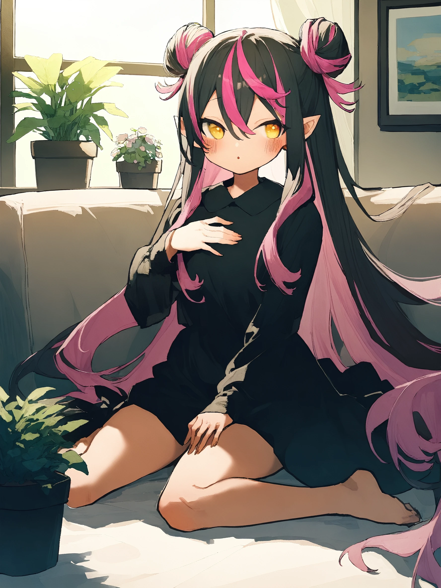 1girl,
solo, streaked hair, dress, barefoot, hair between eyes, hair bun, couch, thighs, pointy ears, bare legs, parted lips, pink hair, pillow, black dress, :o, wariza, full body, plant, sitting, looking at viewer, indoors, potted plant, hand on own chest, long hair, multicolored hair, sunlight, long sleeves, double bun, black hair, very long hair, blush, yellow eyes, window, virtual youtuber, sidelocks, two-tone hair,
masterpiece, best quality, safe
<lora:mki-ani31-potg-v1-000050:1>