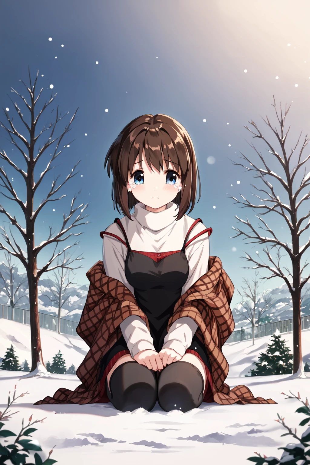 score_9, score_8_up, score_7_up, score_6_up, rating_safe, source_anime, best quality, masterpiece, detailed background, detailed eyes, outdoors, snow, night, sitting on ground, sitting on legs, snow on head, <lora:misaka-shiori-xl-04:1>, misaka shiori, medium breasts, brown hair, blue eyes, black dress over white turtleneck, brown plaid shawl, black stockings, crying, from below view,