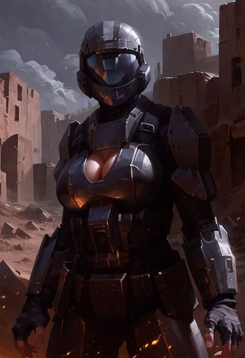 Score_9_up, score_8_up, score_7_up, 1girl, solo, ODST, armor, helmet, fingerless gloves, cleavage, desert town, dusty, embers, buildings on fire