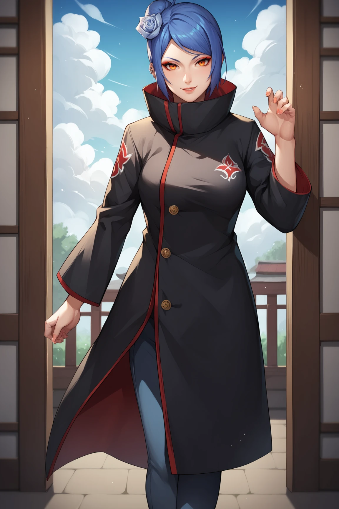 score_9, score_8_up, score_7_up, score_6_up, score_5_up, score_4_up, KonanNSHXL, makeup, orange eyes, blue hair, short hair, single hair bun, hair flower, piercing, medium breasts, high collar, black coat, coat with cloud print, long sleeves, pants, sandals, standing, dynamic pose, seductive smile, looking at viewer, indoors <lora:KonanNSHXL:0.7>