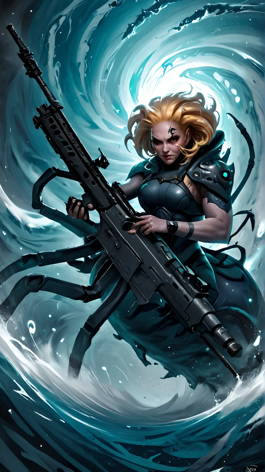 <lora:4r4chn1dXL:0.7>4r4chn1d, digital art, arachnid character, Huldra inspired, (combat stance:0.7), holding a Bullpup sniper rifle, in gravitational whirlpool