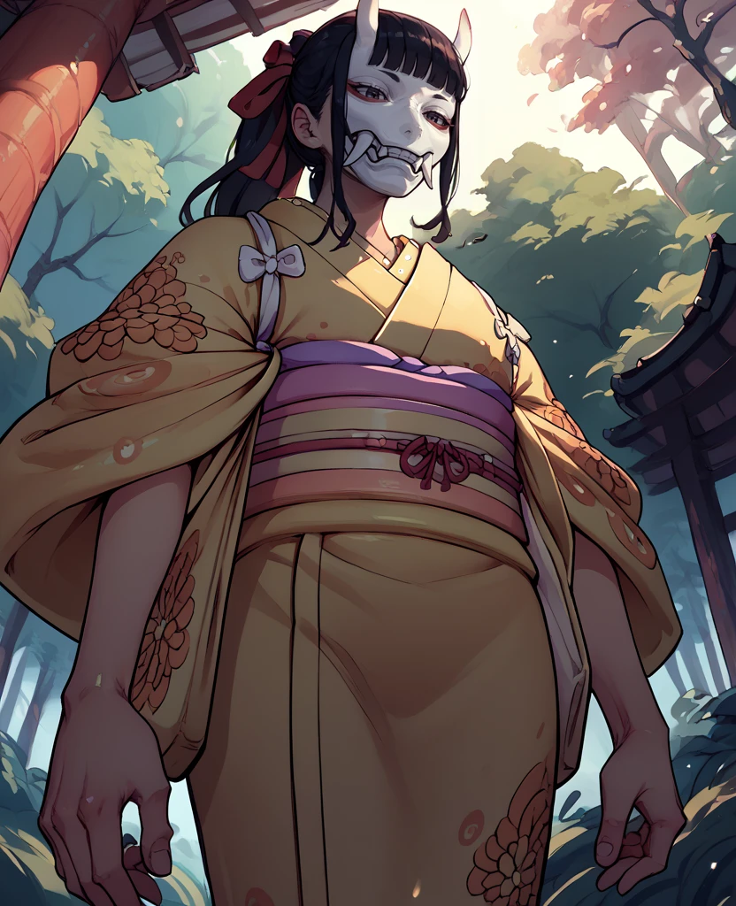 score_9,score_8_up,score_7_up,score_6_up,kikunojoxl,black hair,ponytail,bangs,kimono,red hair ribbon,forest,
white oni mask,evening,from below,
<lora:kikunojoxl:1>,