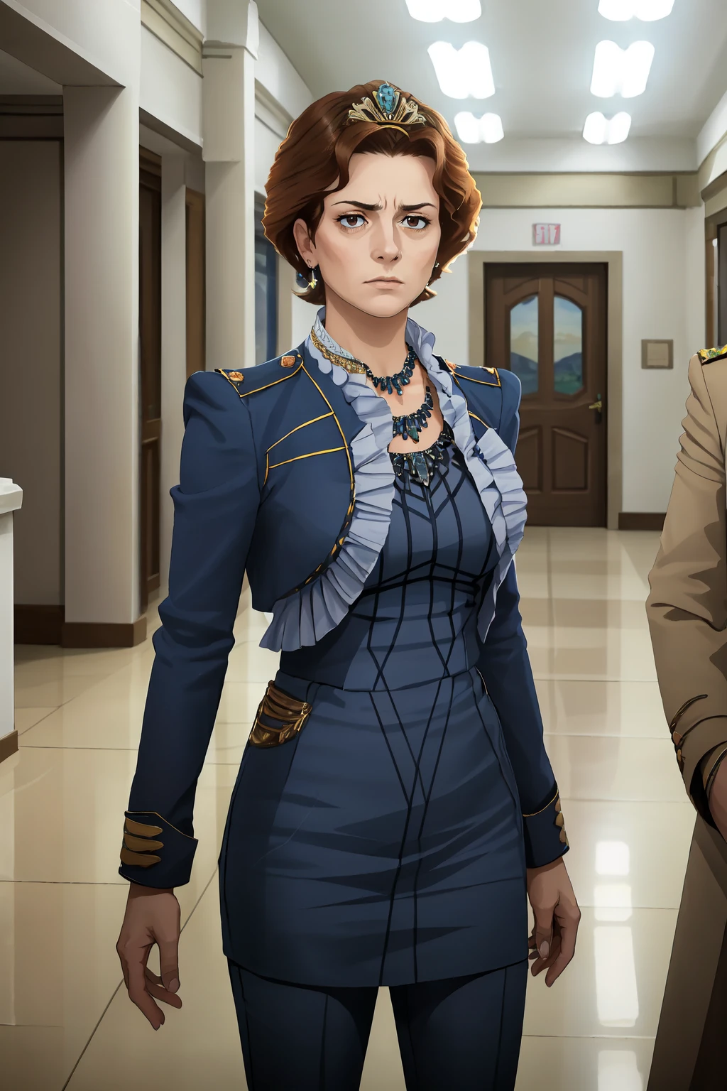 masterpiece,best quality,1girl,arissaduval, <lora:ArissaDuval:0.75>,cowboy shot,standing,jewelry,necklace,dress,pants,boots,arms at sides,straight on,expressionless,indoors,in palace,futuristic architecture,ornate,scowling,((solo)),fcportrait,outer space