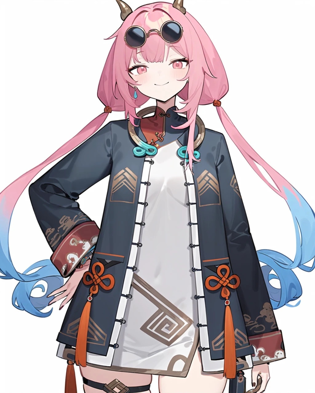 masterpiece,best quality,<lora:jinlang_xl:0.75>,jinlang,1girl,solo,eyewear on head,horns,pink hair,pink eyes,multicolored hair,white background,simple background,blue hair,looking at viewer,dress,twintails,long hair,sunglasses,smile,long sleeves,cowboy shot,jewelry,white dress,gradient hair,hand on hip,chinese clothes,round eyewear,earrings,