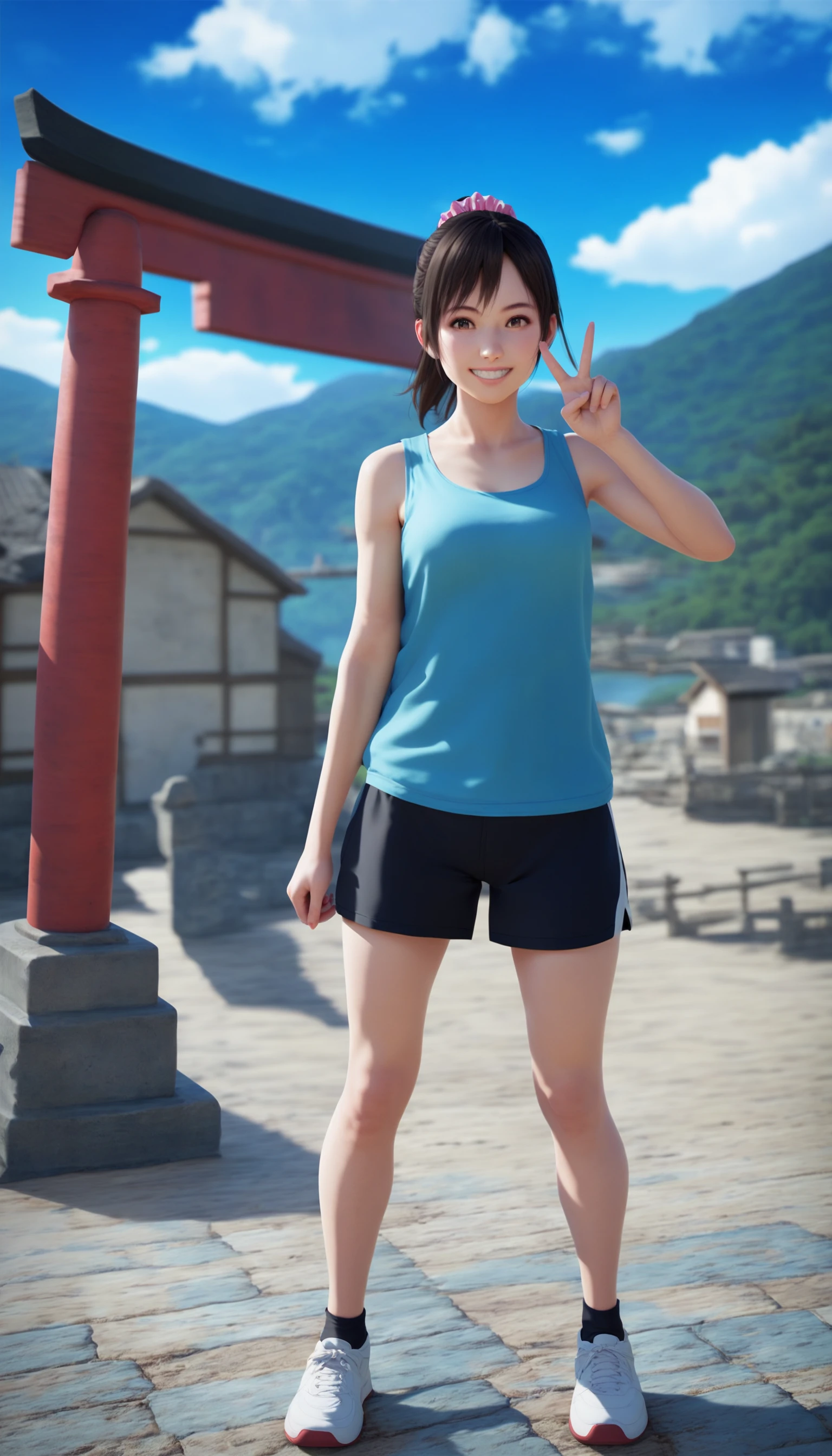 score_9,score_8_up,score_7_up,
<lora:miiyamotoHikari1512:0.6>,miiyamotohikari,1girl,solo,
black hair,ponytail,bangs,scrunchie,pink scrunchie,brown eyes,
tank top,cyan tank top,short sleeves,black shorts,(white sports shoes:1.1),
looking at viewer,smile,grin,
outdoors,sky,seaside,cloud,stone pavement,large bridge,distant mountains,clear blue sky,soft clouds drifting,summer,japanes house,torii,
vignetting,blurry background,
medium breasts,best hips,skindentation,
standing,full body,dynamic pose,v,