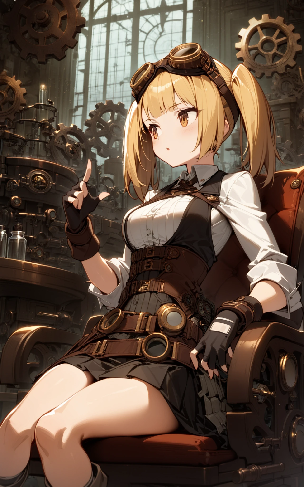 1girl, scientist, sitting, chair, blonde hair, twintails, short hair, steampunk, cowboy shot, indoors, fingerless gloves, goggles, gears, skirt,