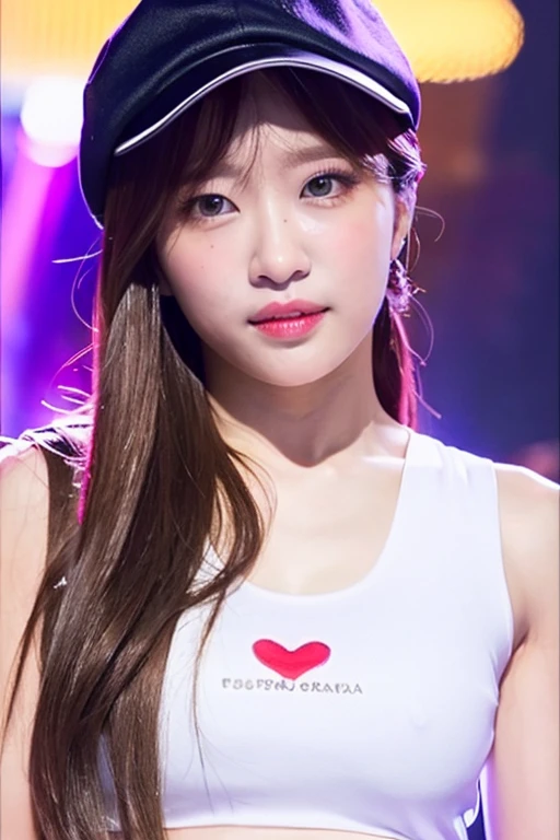 1girl, soro, (full body:1.2), shiny skin, super detailed skin, detailed beautiful face and eyes, spotlight, professional lighting, bangs, sexy, make up, hat, brown long hair, beautiful hair, (red, tank-top, heart), stage, brown eyes, kooo123, <lora:EXID_haOO_v1:0.8>