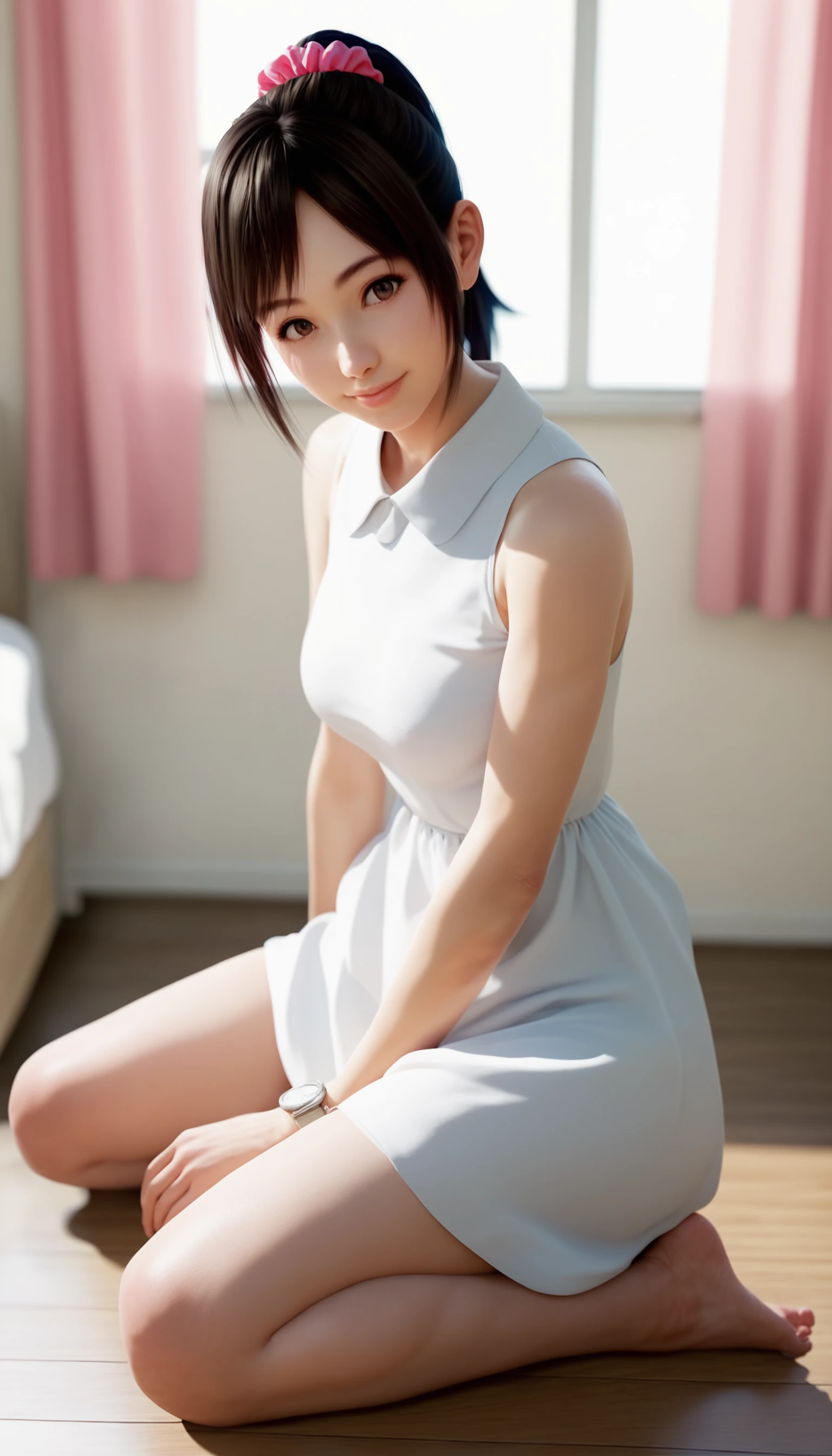 score_9,score_8_up,score_7_up,
<lora:miiyamotoHikari1512:0.6>,miiyamotohikari,1girl,solo,
black hair,ponytail,bangs,scrunchie,pink scrunchie,brown eyes,
sleeveless dress,white dress,collar,white collar,white watch,no shoes,barefoot,
looking at viewer,smile,
indoors,bedroom,window,curtains,pink curtains,wooden floor,bed,seaside,
vignetting,blurry background,
medium breasts,best hips,skindentation,
upper_body,portrait,