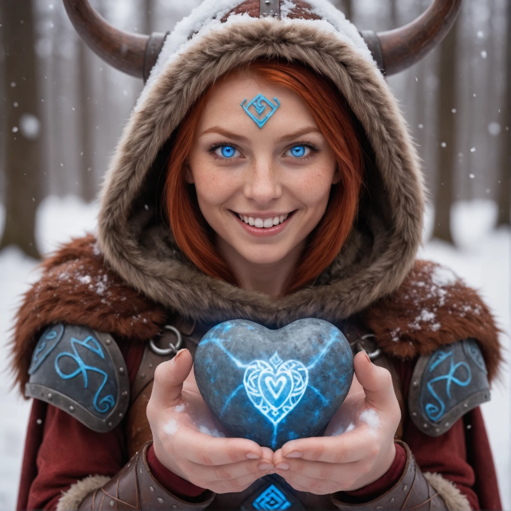 Awardwinning photo, face portrait, viking woman, 25 years old, short red hair, blue glowing eyes, holding glowing heart of stone, runes, smiling, colorful armor with hood, (skimpy), snow, magic ritual, magic particles