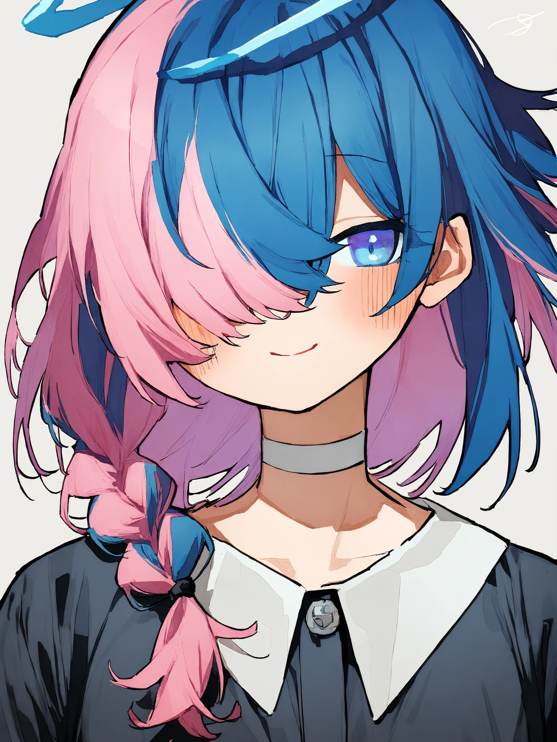 1girl,
solo, choker, hair over one eye, blue hair, single braid, blue eyes, colored inner hair, blue halo, closed mouth, multicolored hair, smile, blush, short hair, pink hair, upper body, long sleeves, looking at viewer, white choker, halo, braid,
masterpiece, best quality, safe
<lora:mki-ani31-potg-v1-000050:1>