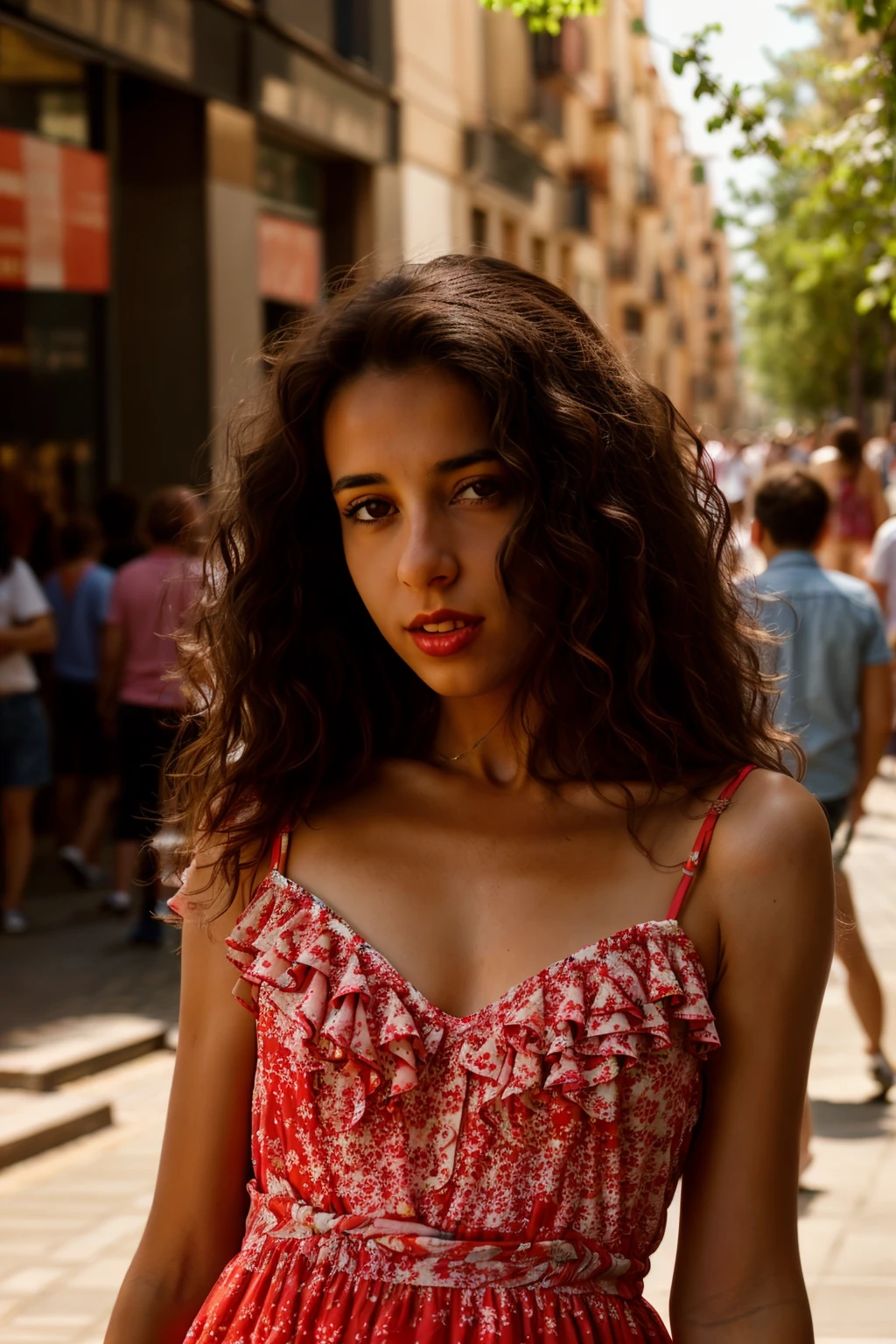 <lora:IdoiaDurante:0.8>, full color portrait of a young woman, wearing a summer dress, in a crowded madrid street, natural light, RAW photo, subject, 8k uhd, dslr, soft lighting, high quality, film grain, Nikon D850