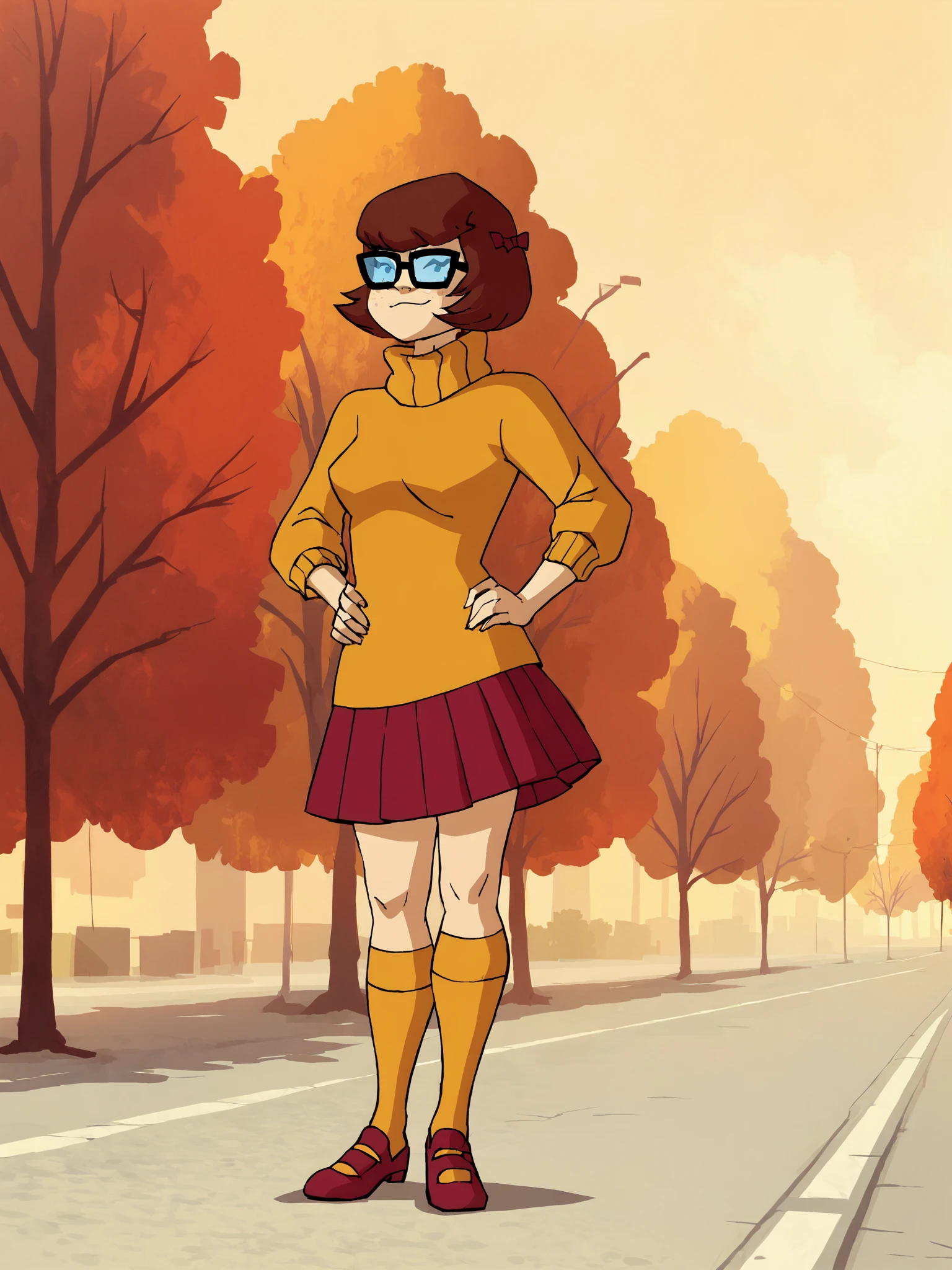 <lora:VelmaMysteryIPony1.0:1> velmad, 1girl, short hair, black eyes, orange turtleneck, black-framed eyewear, brown hair, solo, hair bow, red skirt,tree, freckles, orange socks, red footwear, score_9, score_8_up, score_7_up, score_6_up, score_5_up, score_4_up, smile, outdoors, looking at viewer, hand on own hip,