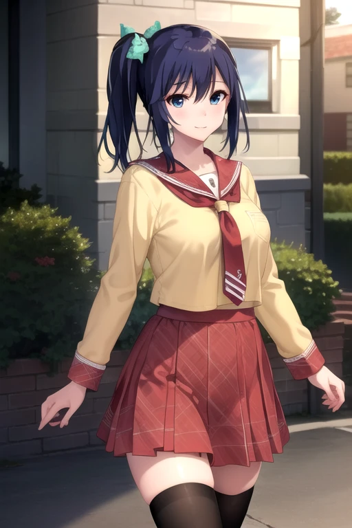 ((masterpiece)),(best quality),official art,extremely delicate and beautiful,extremely detailed CG,unity 8k wallpaper,ultra detailed,beautiful detailed eyes,extremely detailed face,outdoors,1girl,solo,cowboy shot,looking at viewer,facing viewer,smile,Takasaki Miho,long hair,blue hair,side ponytail,hair ribbon,hair bow,aqua bow,sidelocks,hair between eyes,bangs,blue eyes,school uniform,red sailor collar,yellow shirt,red necktie,long sleeves,medium breasts,red skirt,plaid skirt,pleated skirt,zettai ryouiki,black thighhighs,loafers,black footwear,<lora:Takasaki Miho(oin)-Remake>,