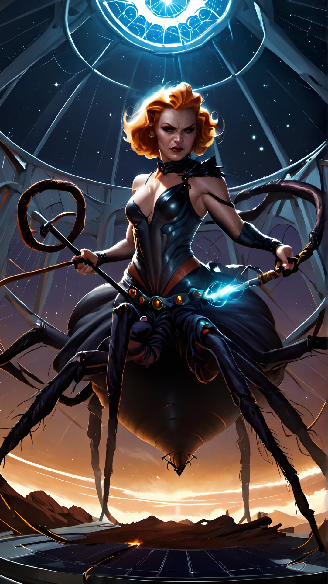 <lora:4r4chn1dXL:0.7>4r4chn1d, digital art, arachnid character, woman, holding a Whip, in solar observatory