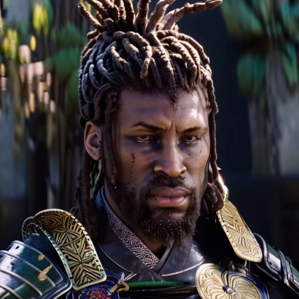 ,  <lora:acstyl_shadowcreedXL:0.9> acstyl style, hyper realistic video game <lora:riiahworldxl:0.8> rhwrld, dreads in a bun, black man, wearing samurai armor