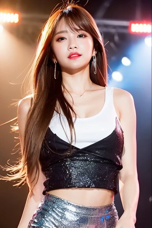 1girl, soro, (full body:1.2), shiny skin, super detailed skin, detailed beautiful face and eyes, spotlight, professional lighting, bangs, sexy, make up, brown long hair, beautiful hair, (red, tank-top, heart), stage, brown eyes, kooo123, <lora:EXID_haOO_v1:0.8>